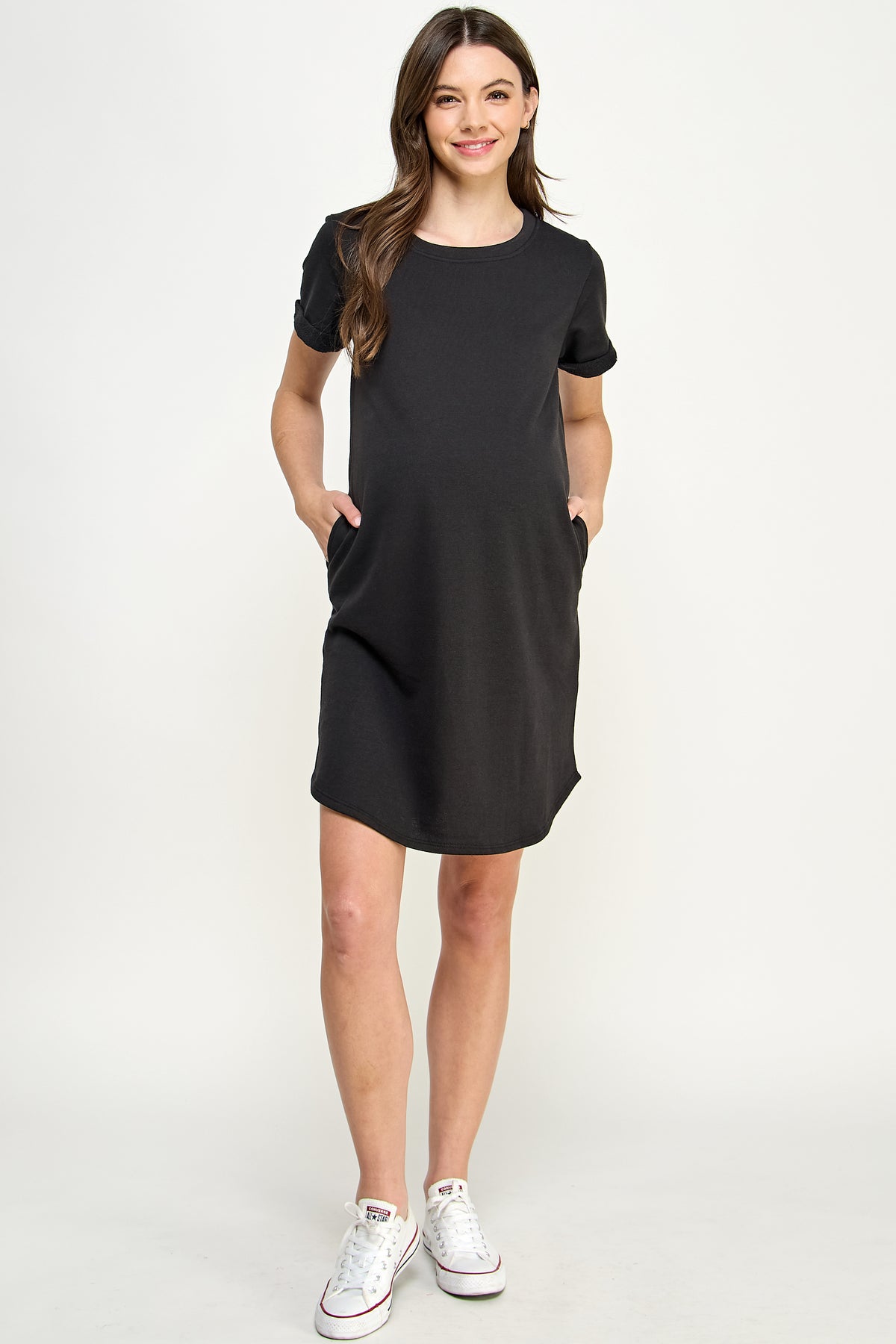 Black Crew Neck T-Shirt Maternity Dress with Pockets Full Body
