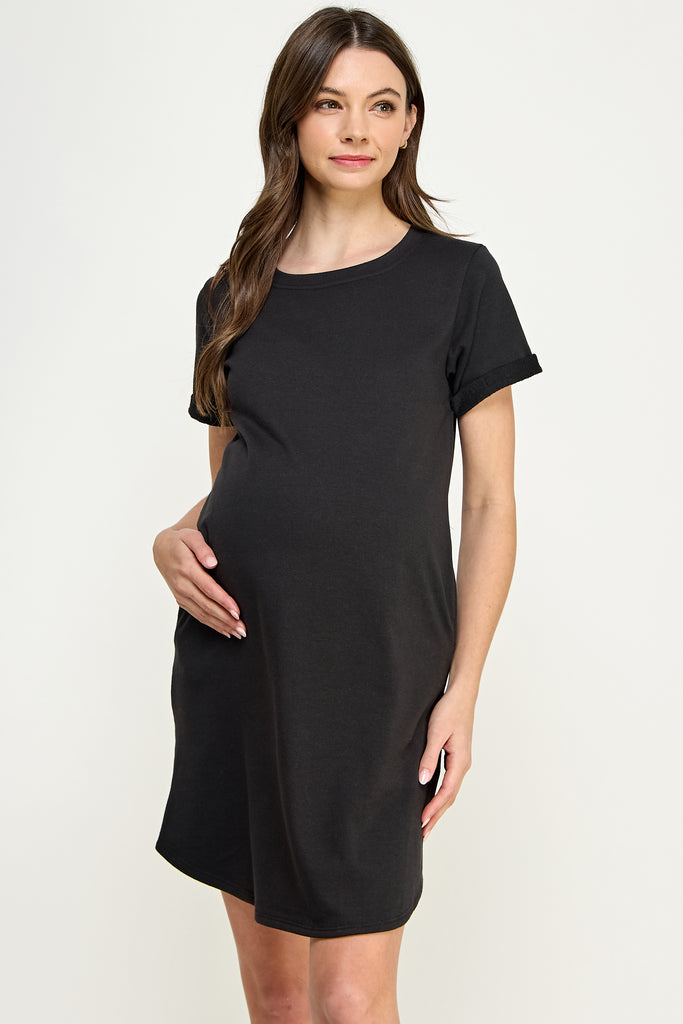 Black Crew Neck T-Shirt Maternity Dress with Pockets Front