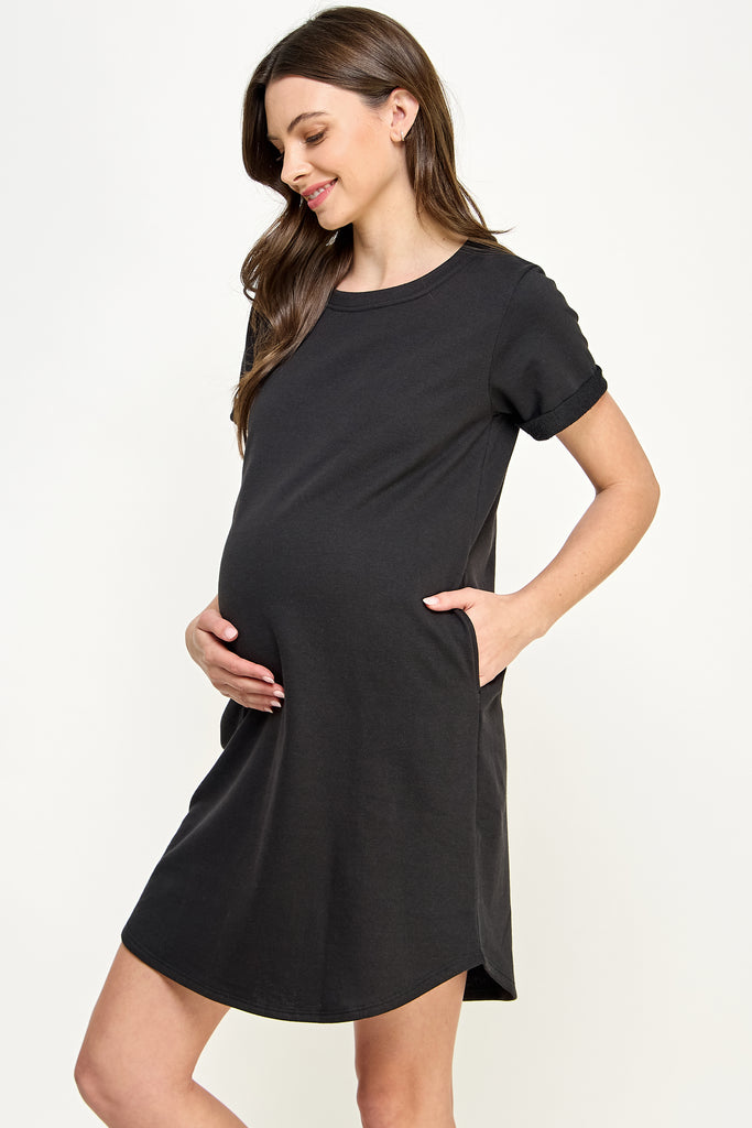 Black Crew Neck T-Shirt Maternity Dress with Pockets Side