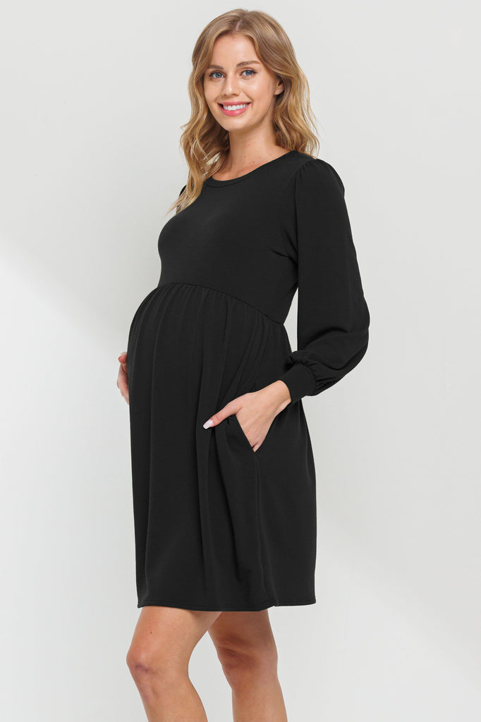 Black Round Neck Maternity Skater Dress With Pockets