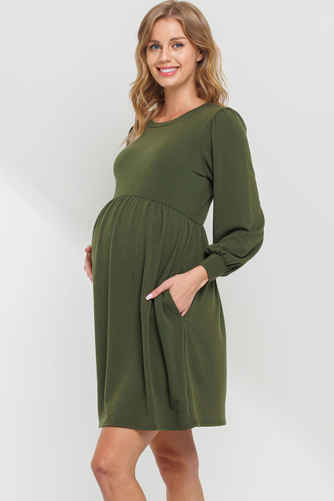 Olive Round Neck Maternity Skater Dress With Pockets