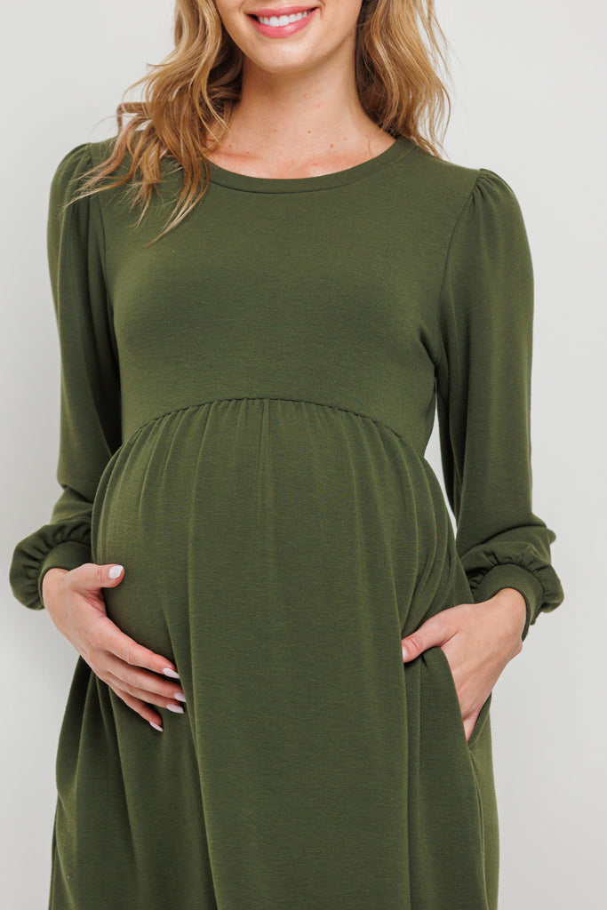 Olive Round Neck Maternity Skater Dress With Pockets