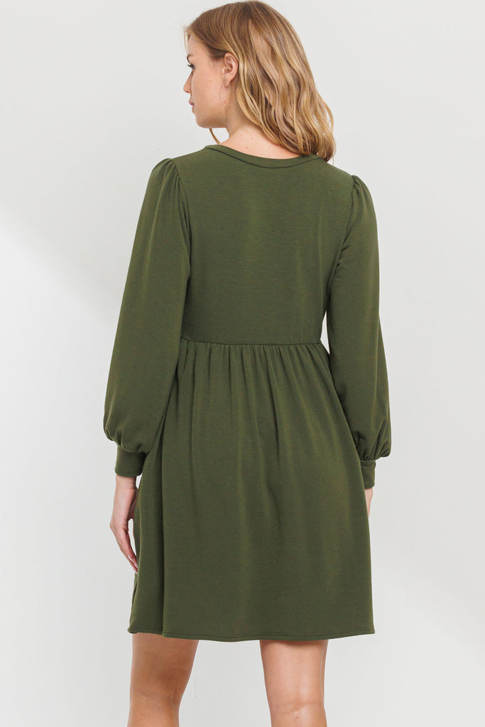 Olive Round Neck Maternity Skater Dress With Pockets