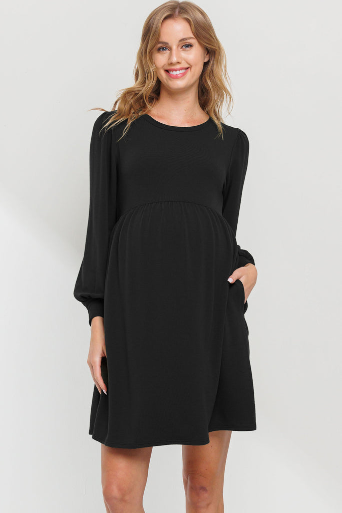 Black Round Neck Maternity Skater Dress With Pockets