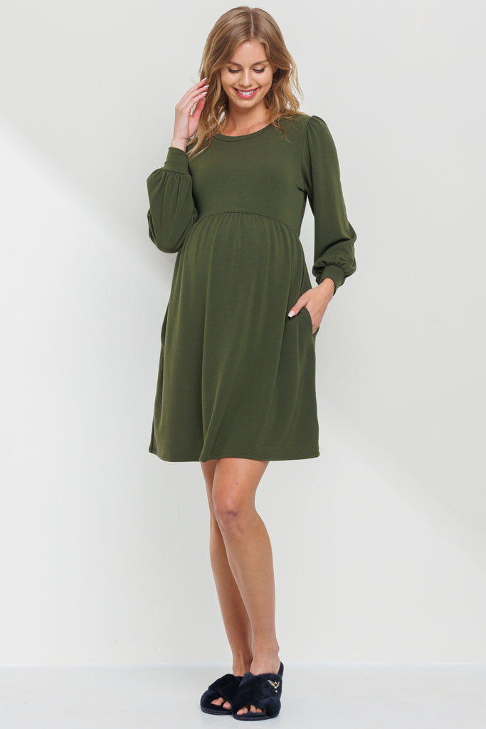 Olive Round Neck Maternity Skater Dress With Pockets