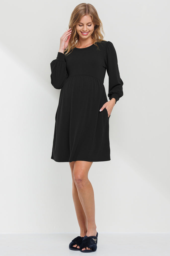 Black Round Neck Maternity Skater Dress With Pockets