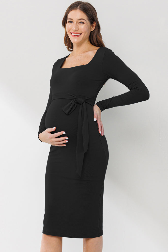 Black Square Neck Side Tie Maternity Dress