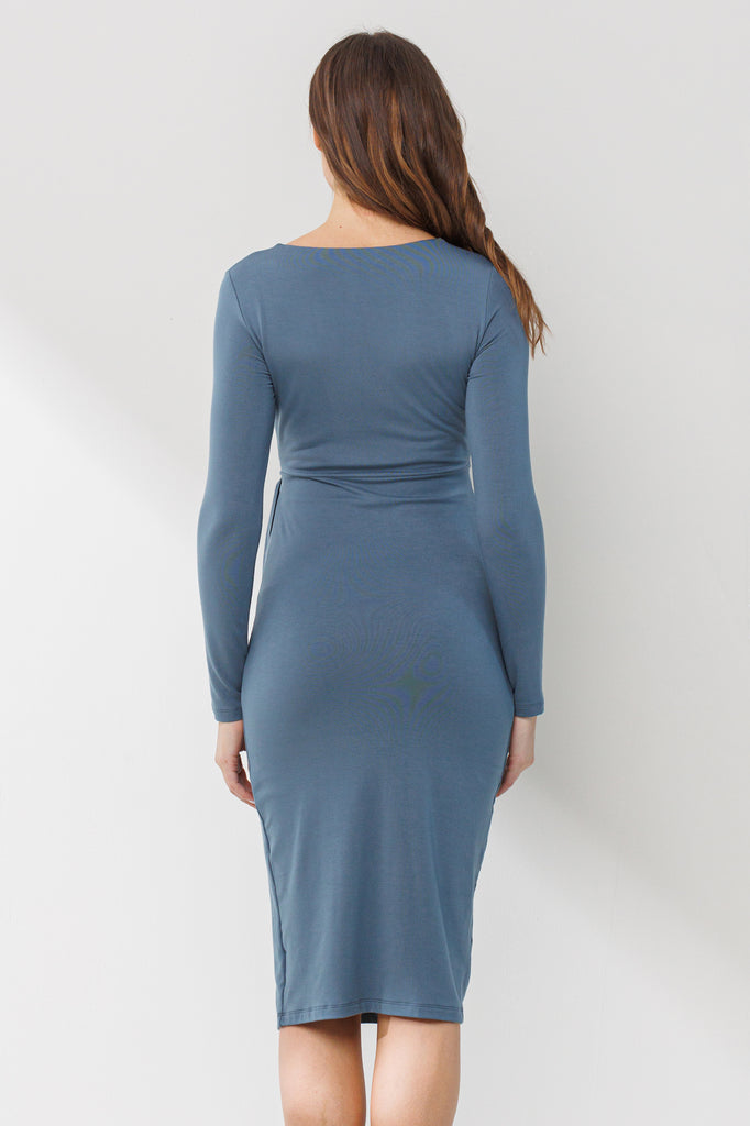 Sea Blue Square Neck Side Tie Maternity Dress