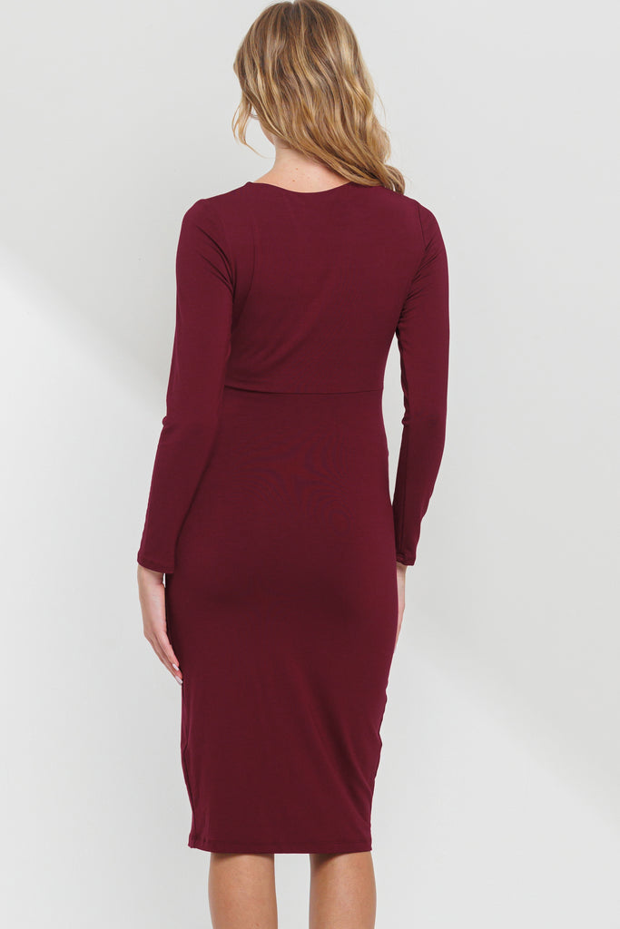 Burgundy Square Neck Side Tie Maternity Dress