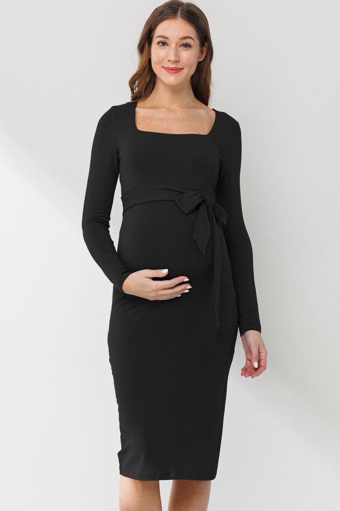 Black Square Neck Side Tie Maternity Dress