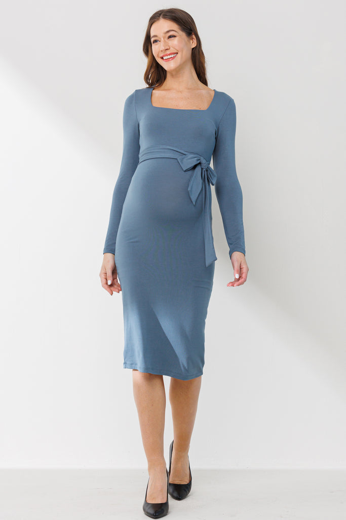 Sea Blue Square Neck Side Tie Maternity Dress