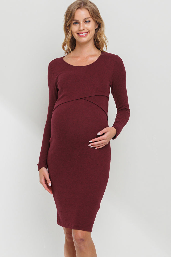 Burgundy Double Layer Long Sleeve Nursing/Maternity Dress