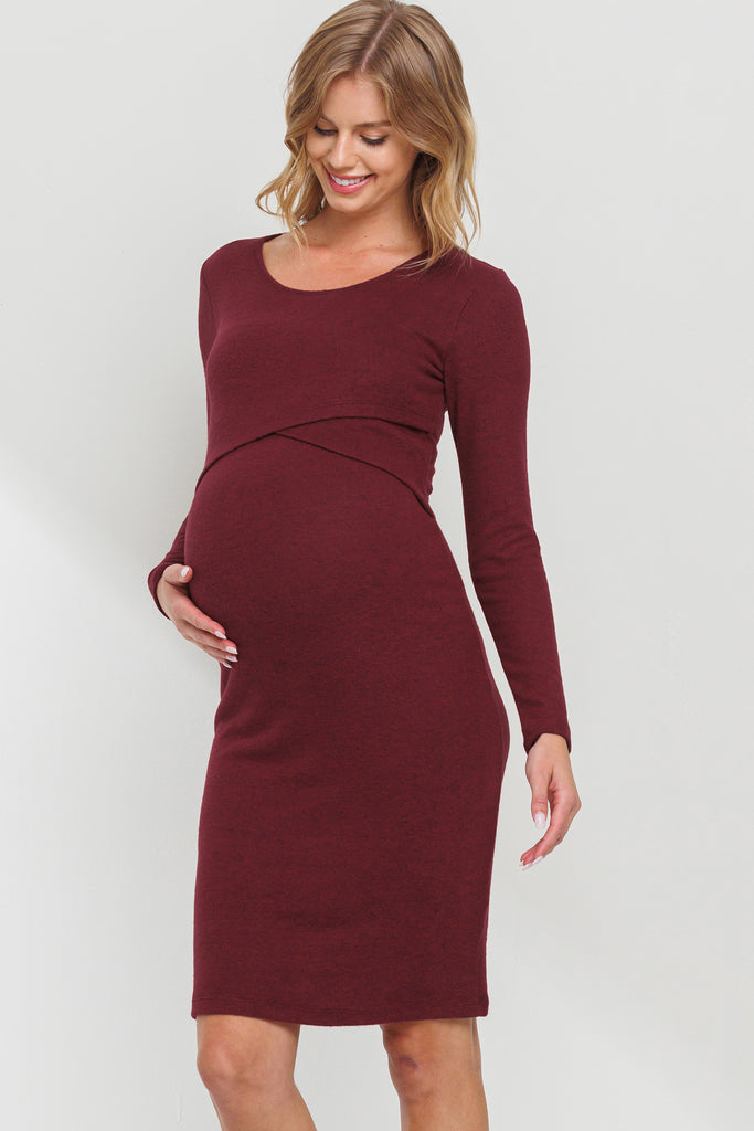 Burgundy Double Layer Long Sleeve Nursing/Maternity Dress