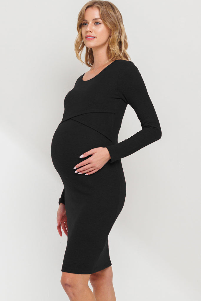 Black Double Layer Long Sleeve Nursing/Maternity Dress