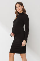 Black Ribbed Mock Neck Button Sleeve Maternity Dress
