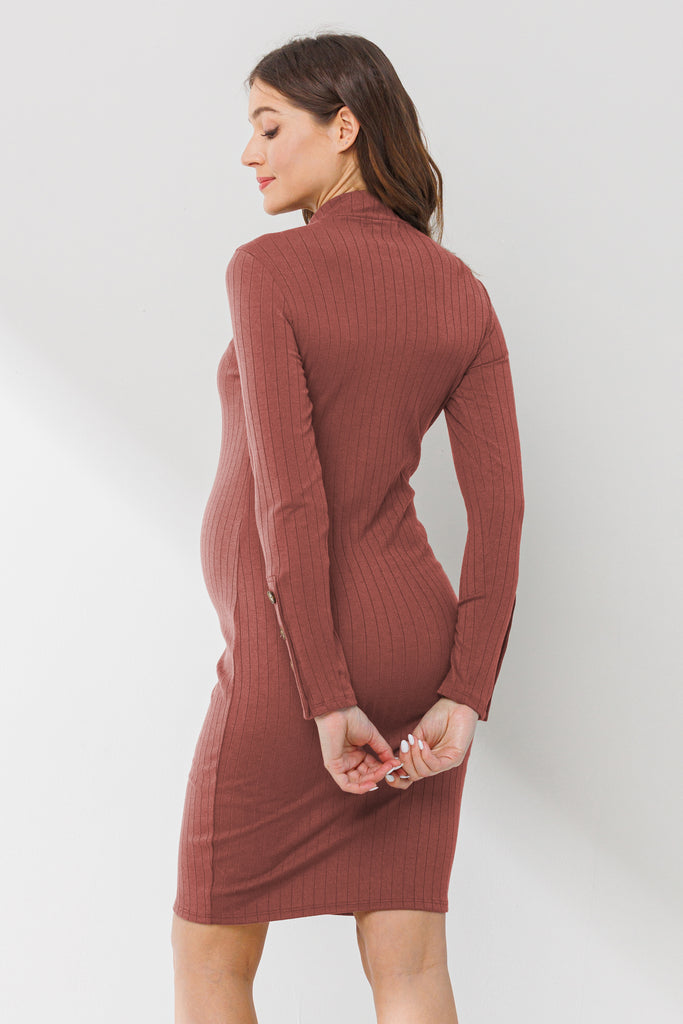 Rust Ribbed Mock Neck Button Sleeve Maternity Dress