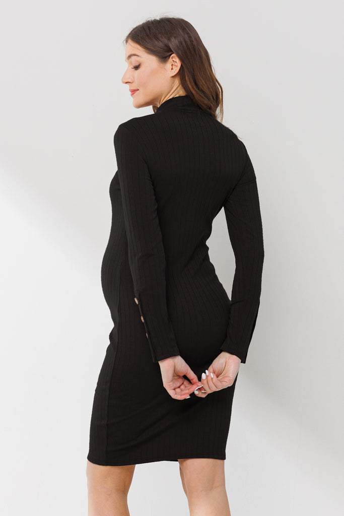 Black Ribbed Mock Neck Button Sleeve Maternity Dress