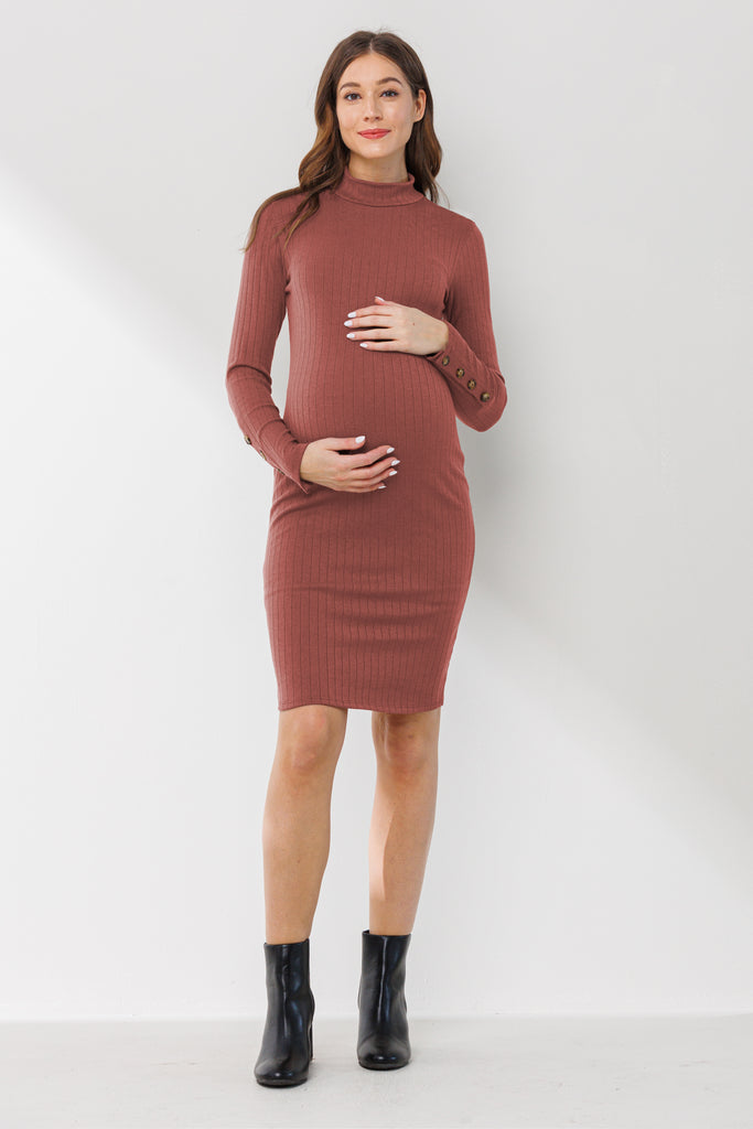 Rust Ribbed Mock Neck Button Sleeve Maternity Dress