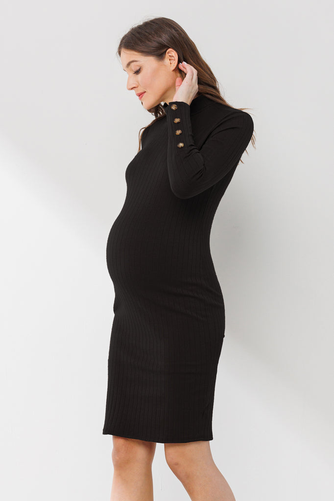 Black Ribbed Mock Neck Button Sleeve Maternity Dress