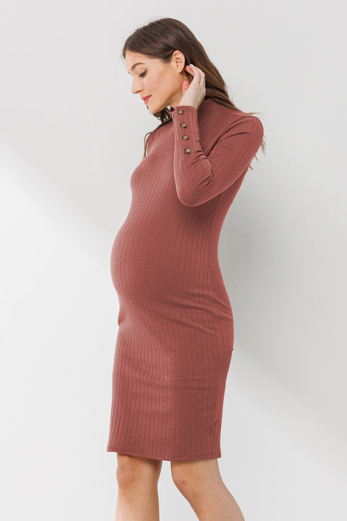 Rust Ribbed Mock Neck Button Sleeve Maternity Dress