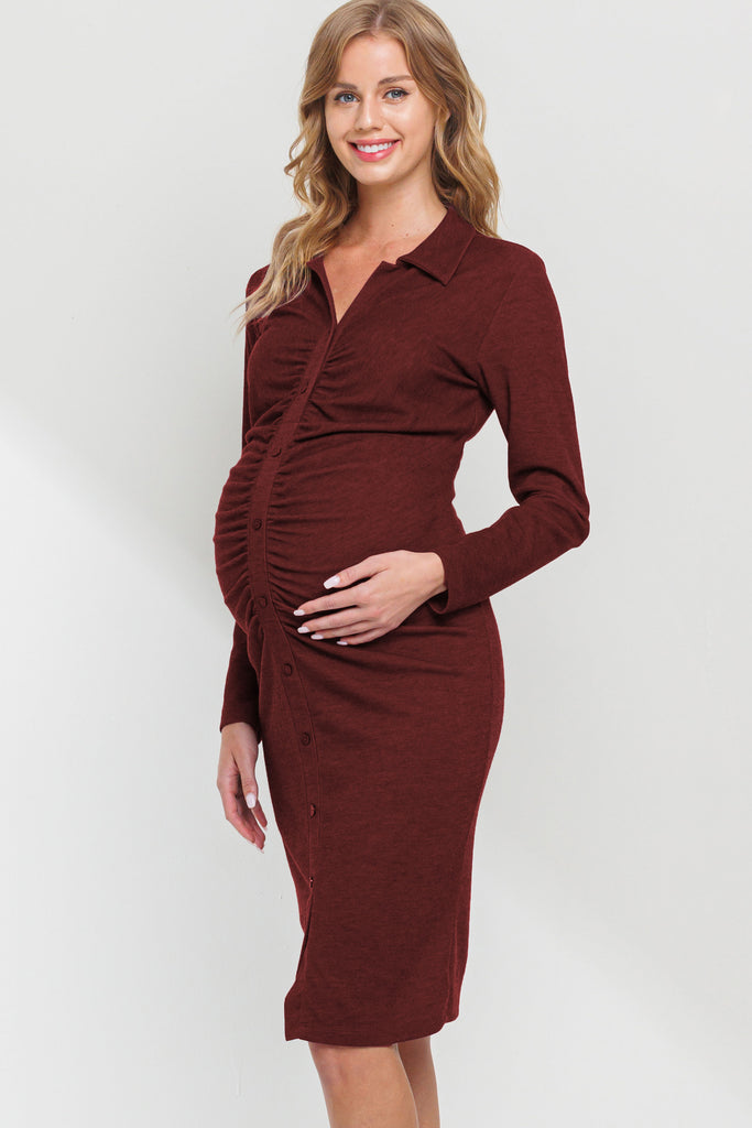 Burgundy Front Ruched Button Detail Maternity Dress