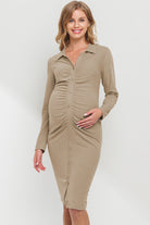 Taupe Front Ruched Button Detail Maternity Dress
