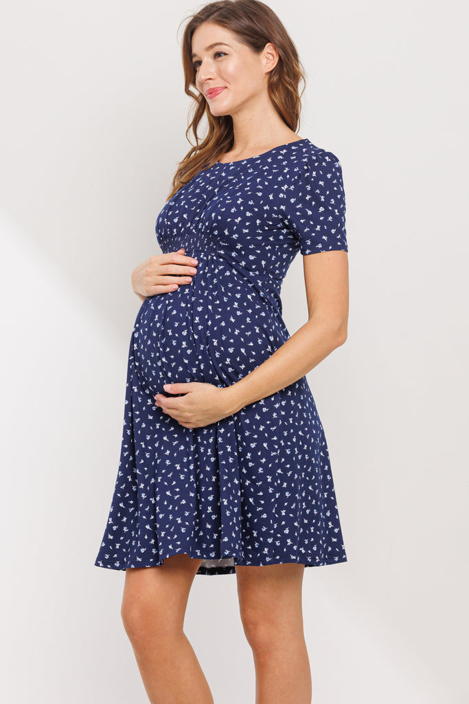 Navy Floral Gingham Maternity Dress