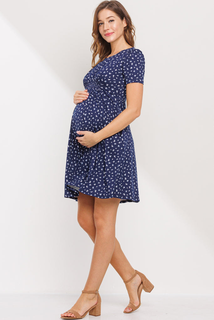 Navy Floral Gingham Maternity Dress