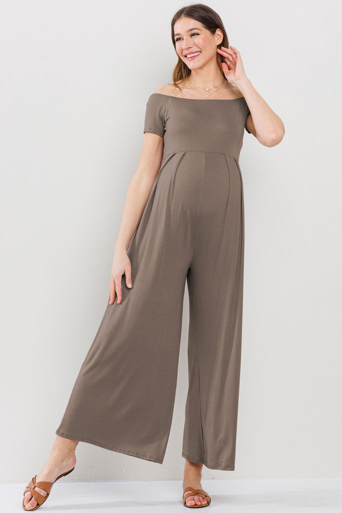 Taupe Off Shoulder Wide Leg Maternity Jumpsuit