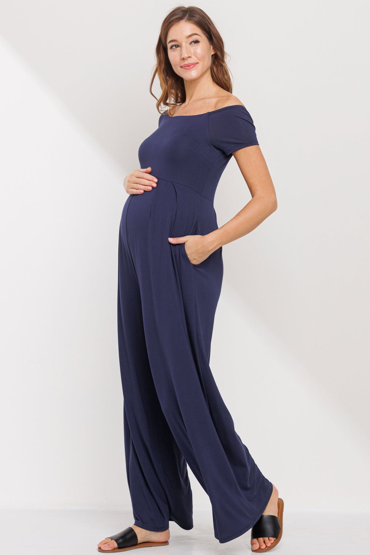 Navy Off Shoulder Wide Leg Maternity Jumpsuit