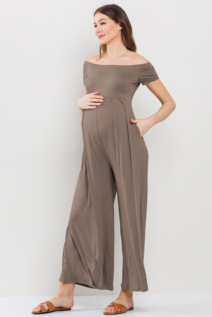 Taupe Off Shoulder Wide Leg Maternity Jumpsuit