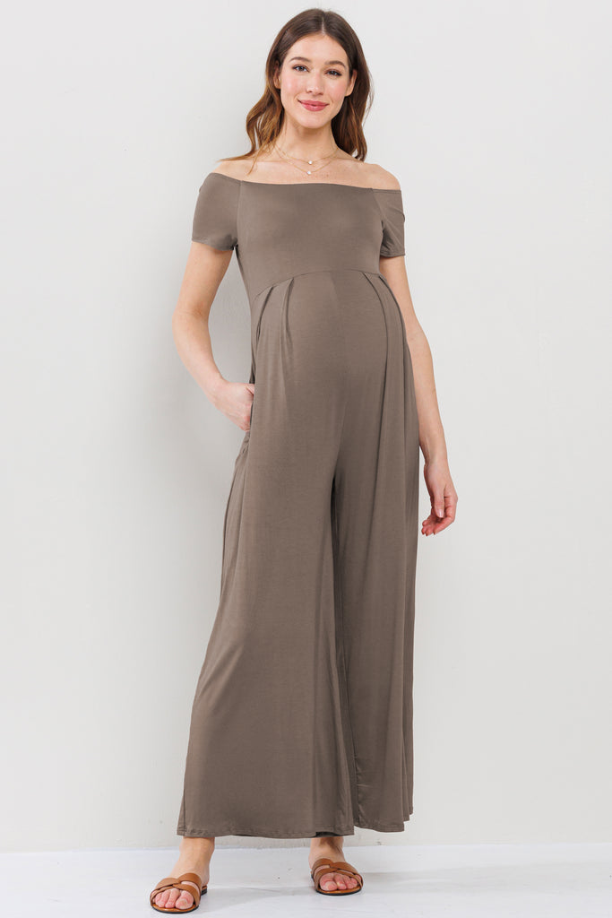 Taupe Off Shoulder Wide Leg Maternity Jumpsuit