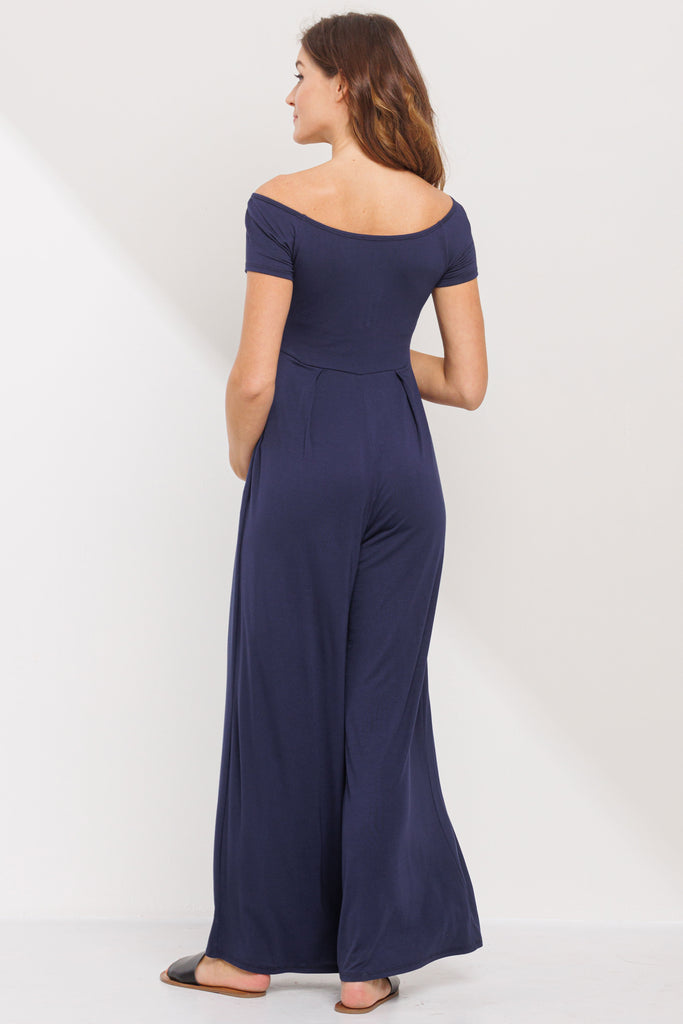 Navy Off Shoulder Wide Leg Maternity Jumpsuit