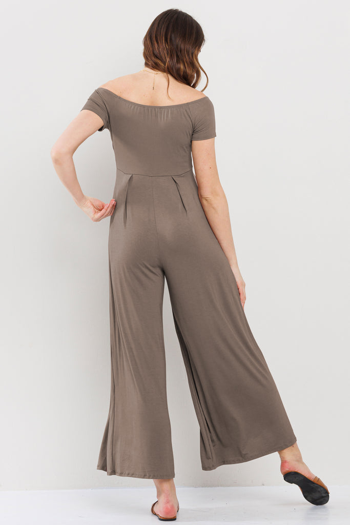 Taupe Off Shoulder Wide Leg Maternity Jumpsuit