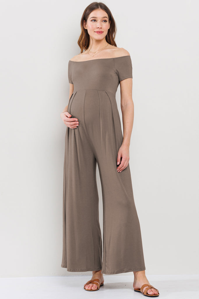 Taupe Off Shoulder Wide Leg Maternity Jumpsuit