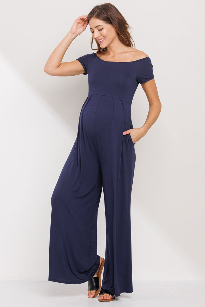 Navy Off Shoulder Wide Leg Maternity Jumpsuit