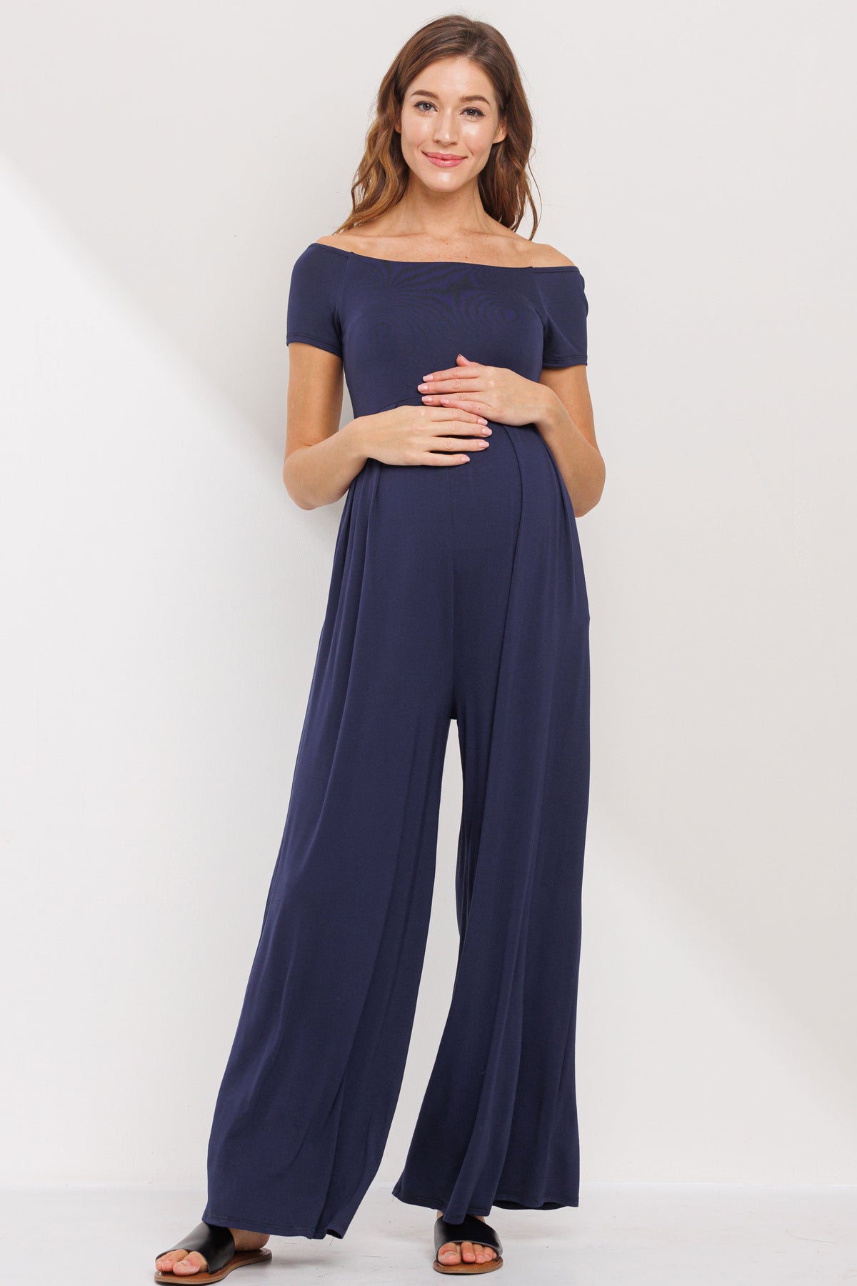 Navy Off Shoulder Wide Leg Maternity Jumpsuit