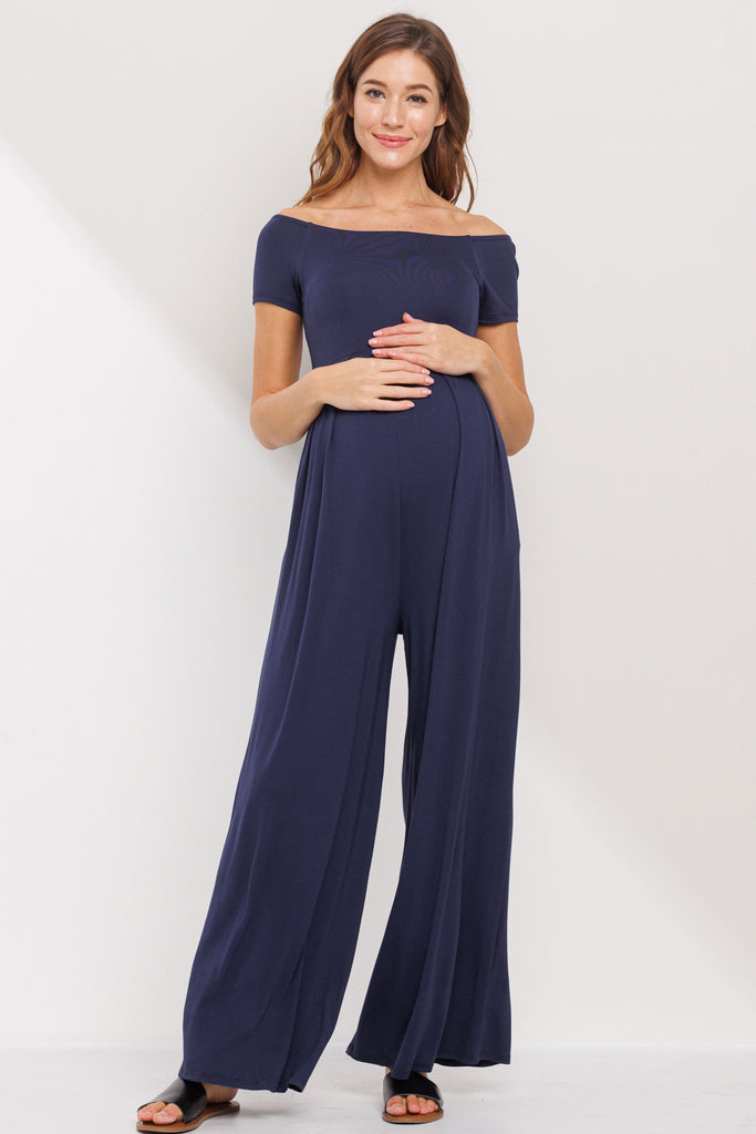 Navy Off Shoulder Wide Leg Maternity Jumpsuit