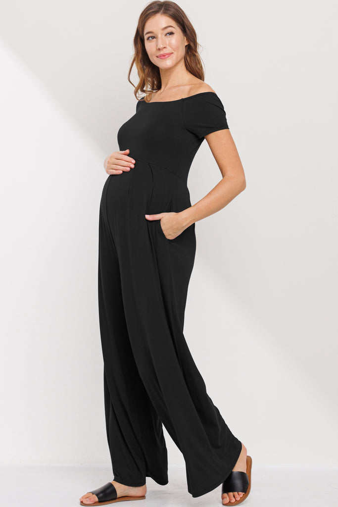 Black Off Shoulder Wide Leg Maternity Jumpsuit
