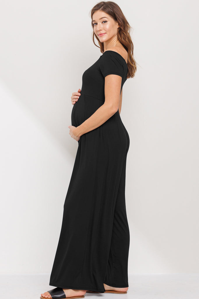 Black Off Shoulder Wide Leg Maternity Jumpsuit