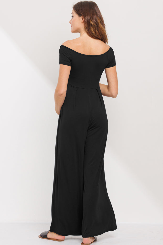 Black Off Shoulder Wide Leg Maternity Jumpsuit