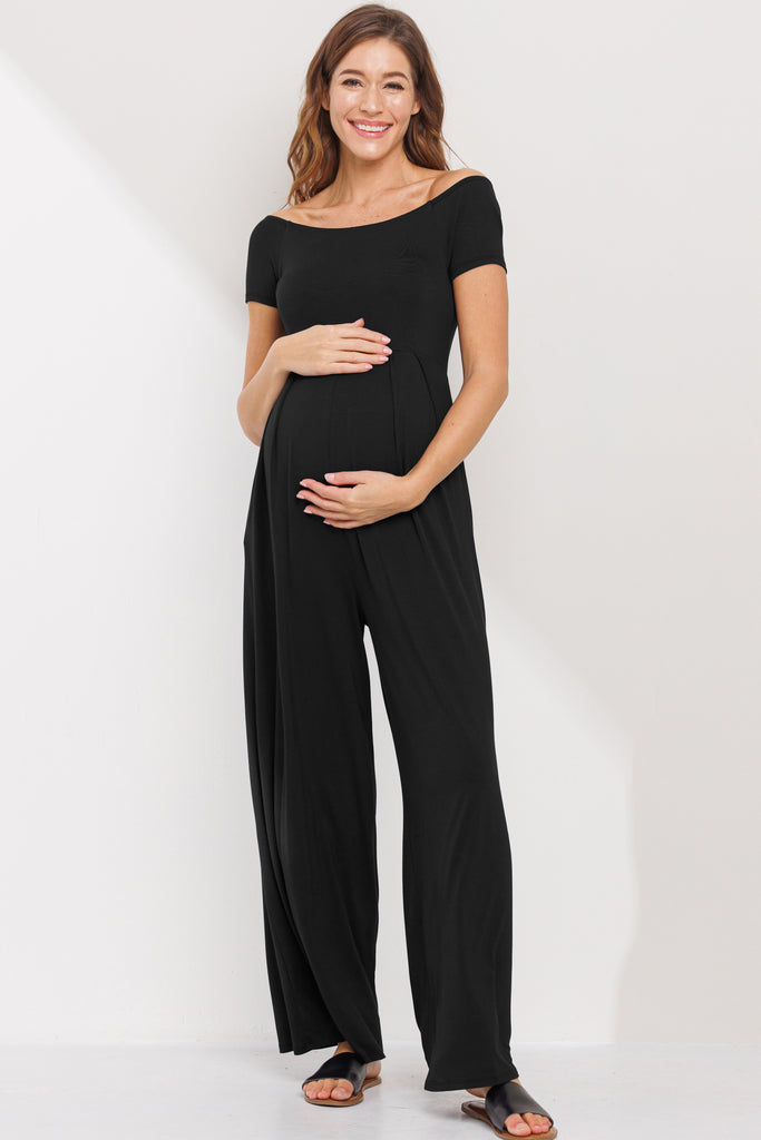 Black Off Shoulder Wide Leg Maternity Jumpsuit