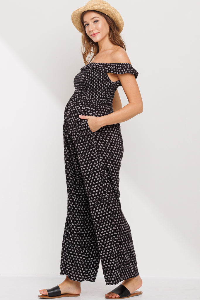 Black Ruffled Off Shoulder Maternity Jumpsuit