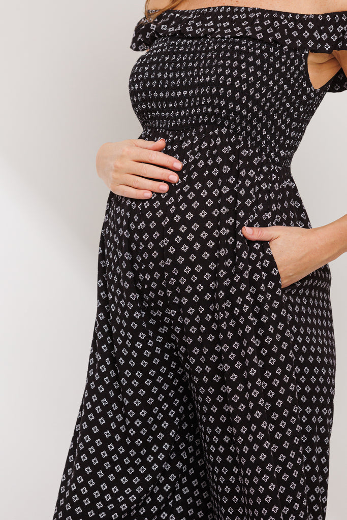 Black Ruffled Off Shoulder Maternity Jumpsuit
