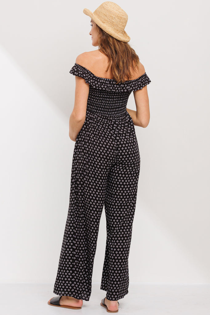 Black Ruffled Off Shoulder Maternity Jumpsuit