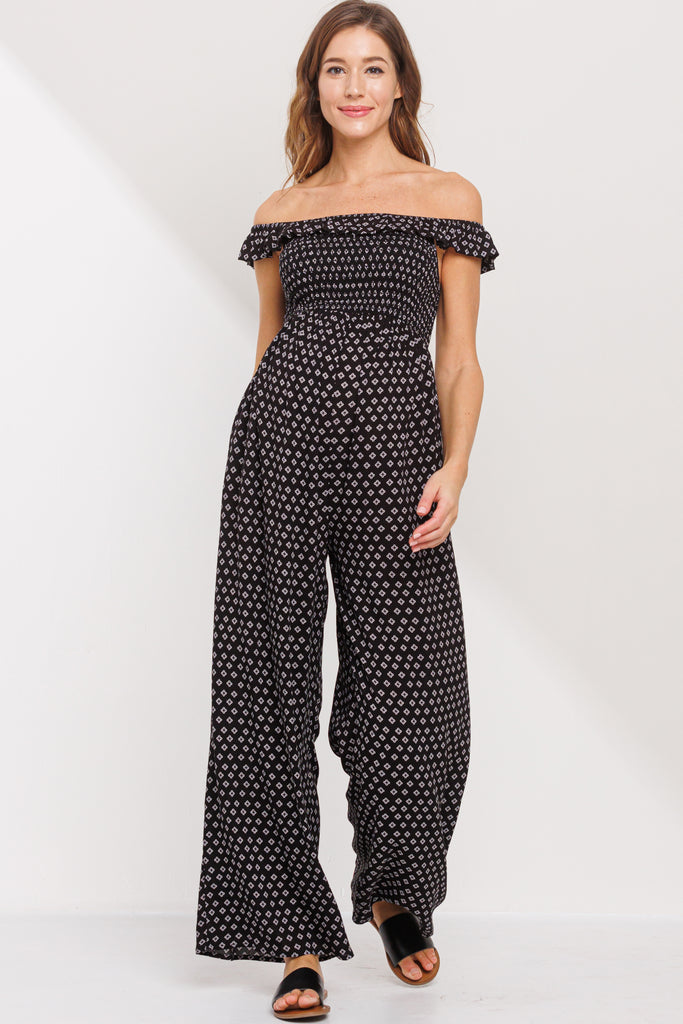 Black Ruffled Off Shoulder Maternity Jumpsuit