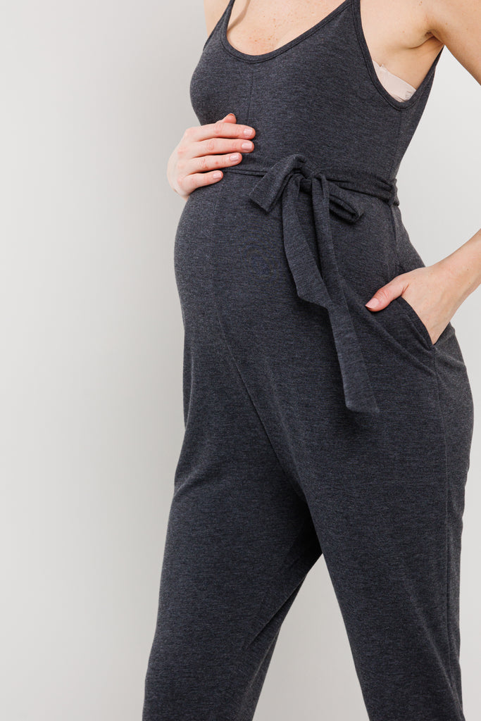 Charcoal Sleeveless Belted Maternity Jumpsuit