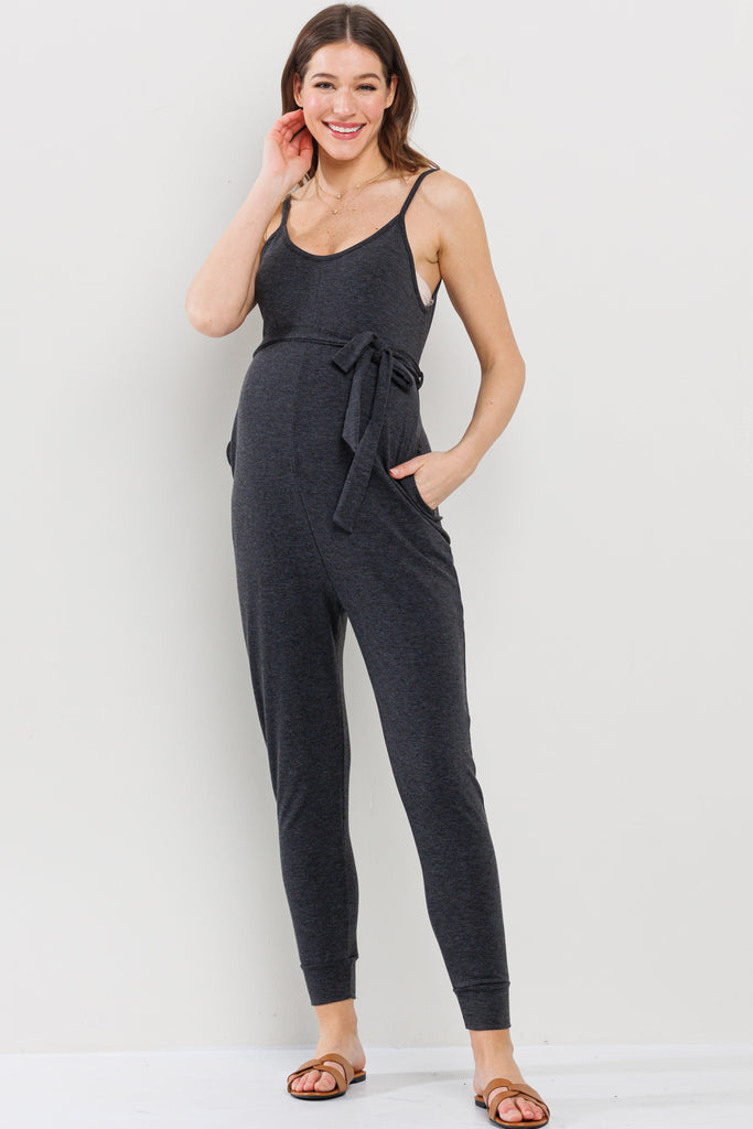 Charcoal Sleeveless Belted Maternity Jumpsuit