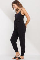 Black Sleeveless Belted Maternity Jumpsuit