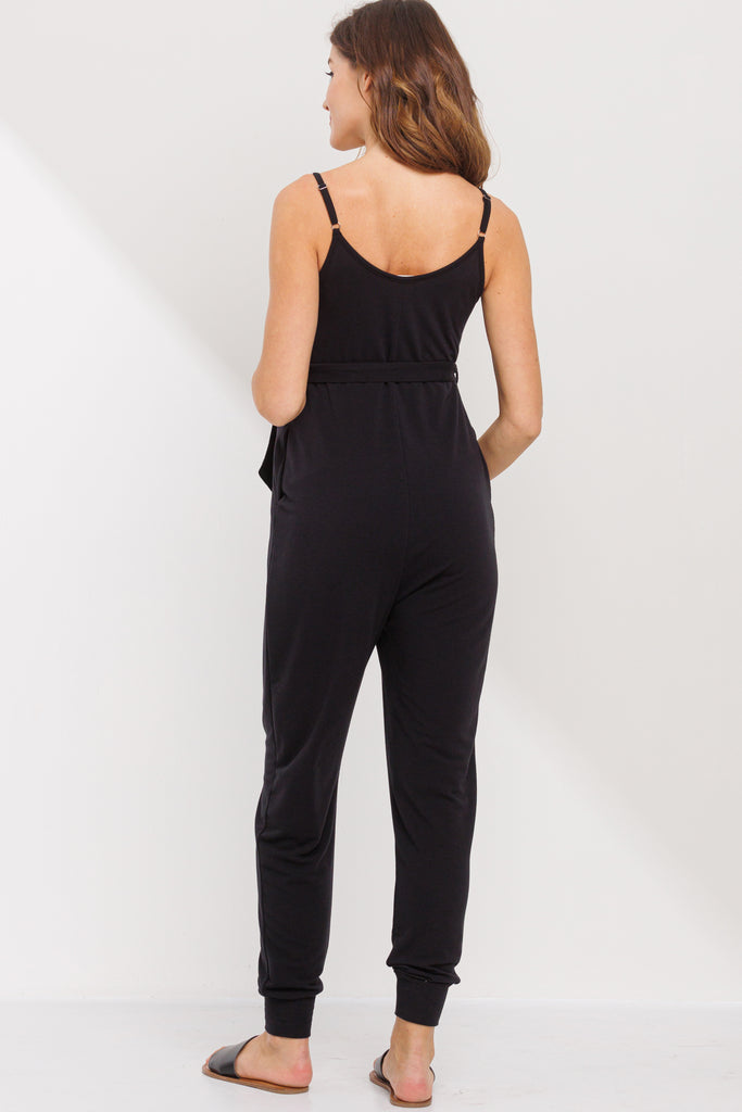 Black Sleeveless Belted Maternity Jumpsuit